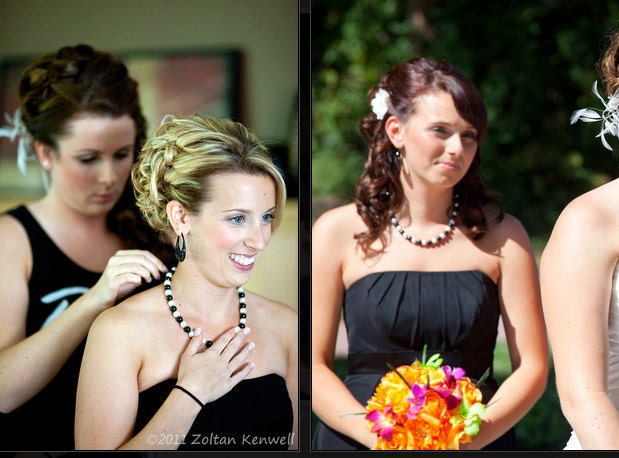 Black and White Glass Pearls Perfect Bridesmaid Necklace-Pearl Necklace w/Ribbon Tie WEDDING JEWELRY Maid of HONOR