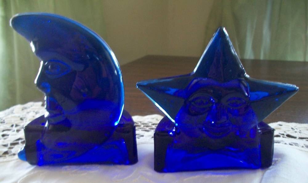 Cobalt Blue Moon and Star Tea Light Candle Holders Vintage