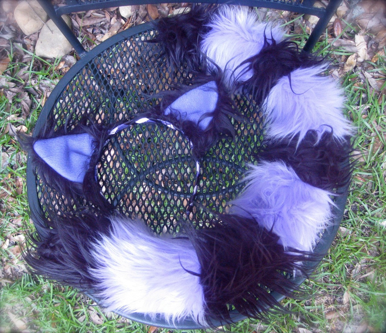 Black // Lavender Kitty SET Ears & TaiL -- CostUme accessory fluffies Faux Fur -- retro funky pixie hula hoop cosplay festivals unisex adult