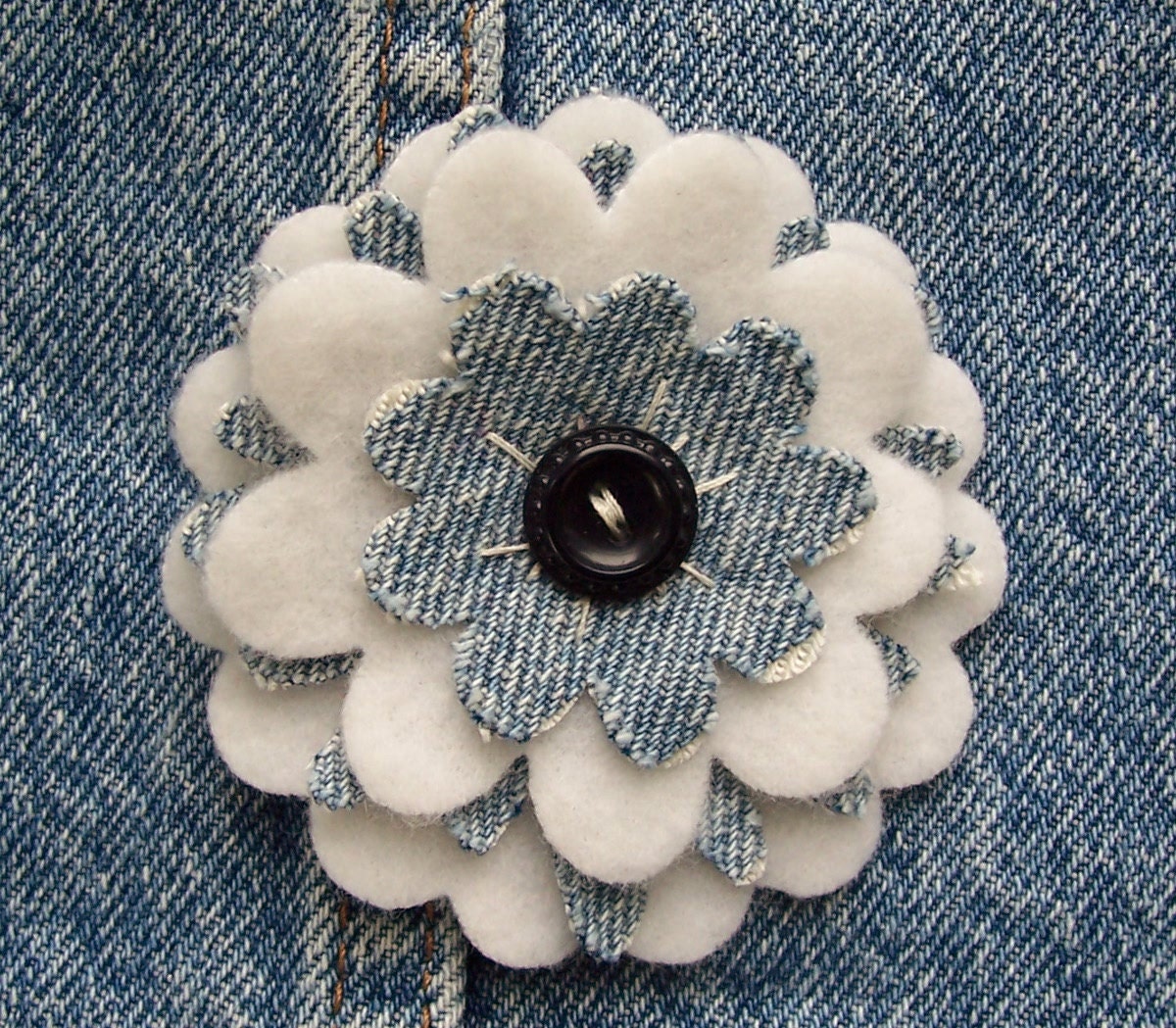 Upcycled & Tattered Levi Jeans Blue and White Wool Fleece Flower Pin . Clearance til April 15th