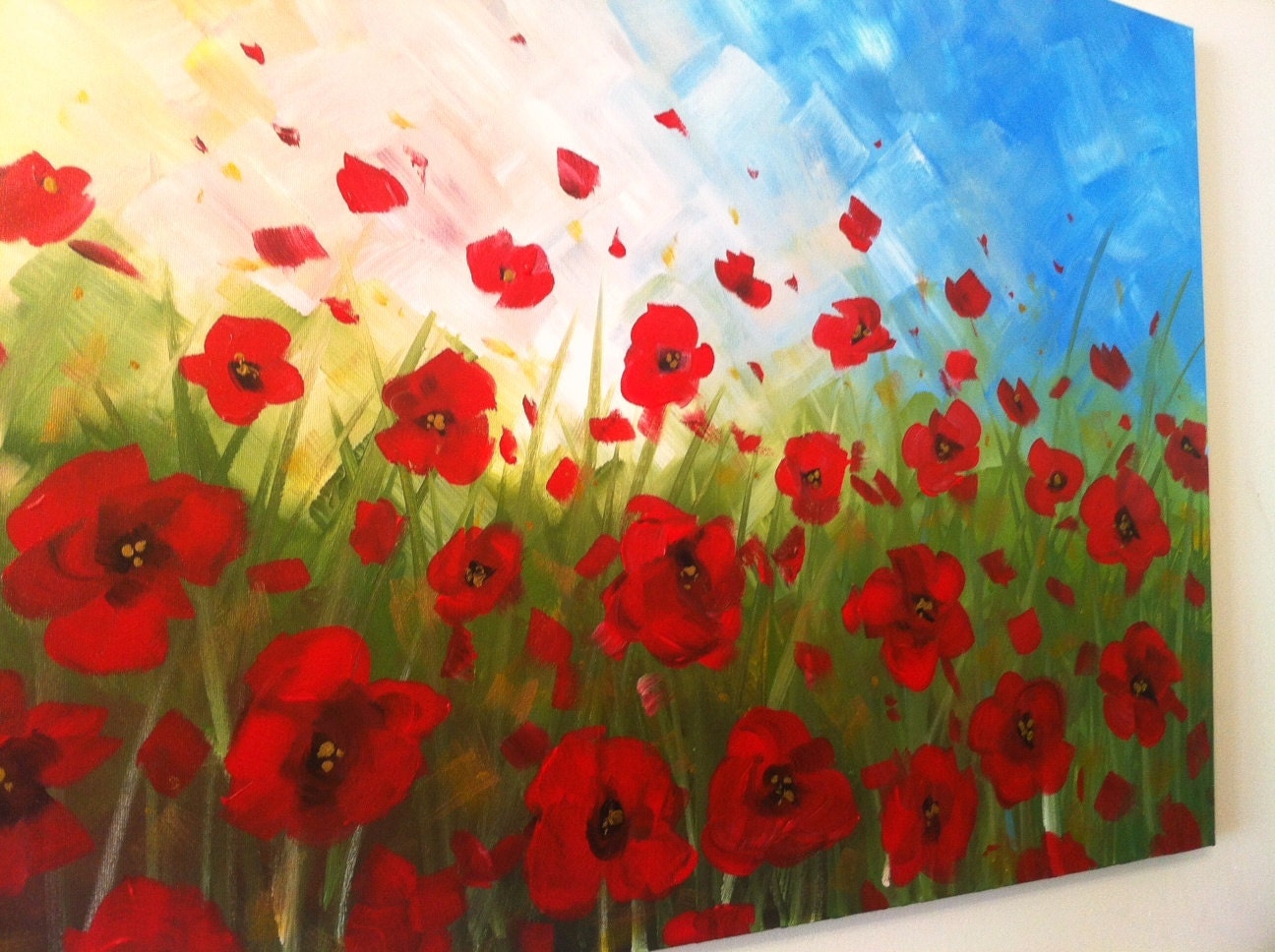 MOVING SALE-45% Off-Orignal Large Modern Painting on Canvas- Red Poppies Acrylic- 24"x 36"