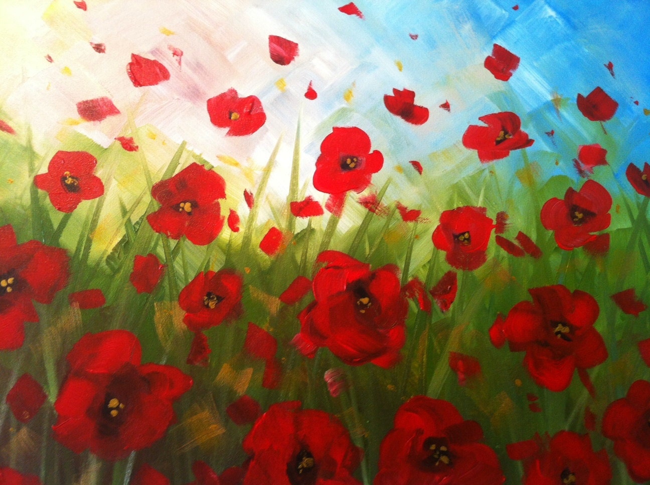MOVING SALE-45% Off-Orignal Large Modern Painting on Canvas- Red Poppies Acrylic- 24"x 36"