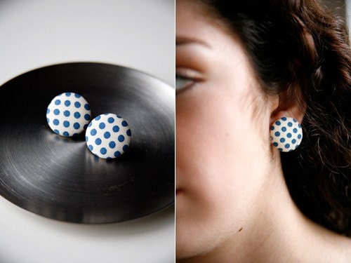 Nickel-Free Fabric Button Earrings - Blue Dot