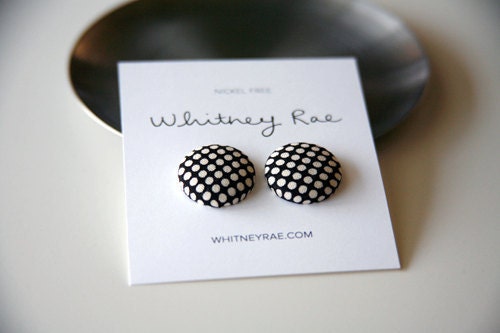 Nickel-Free Fabric Button Earrings - Ivory/Black Dot