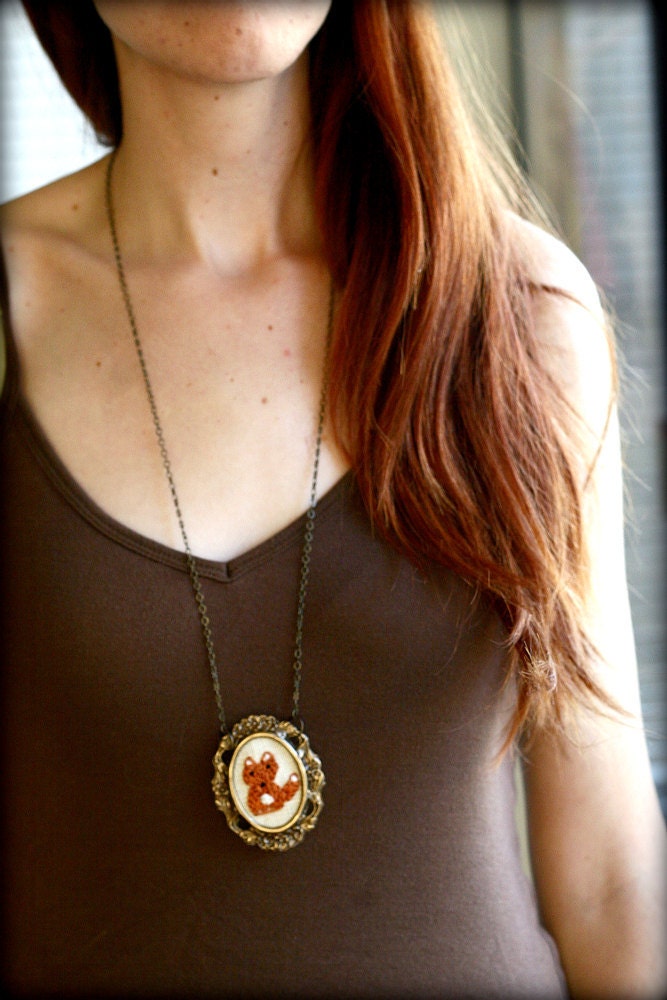Mr. Fox- hand embroidered jewelry, woodland, vintage style necklace