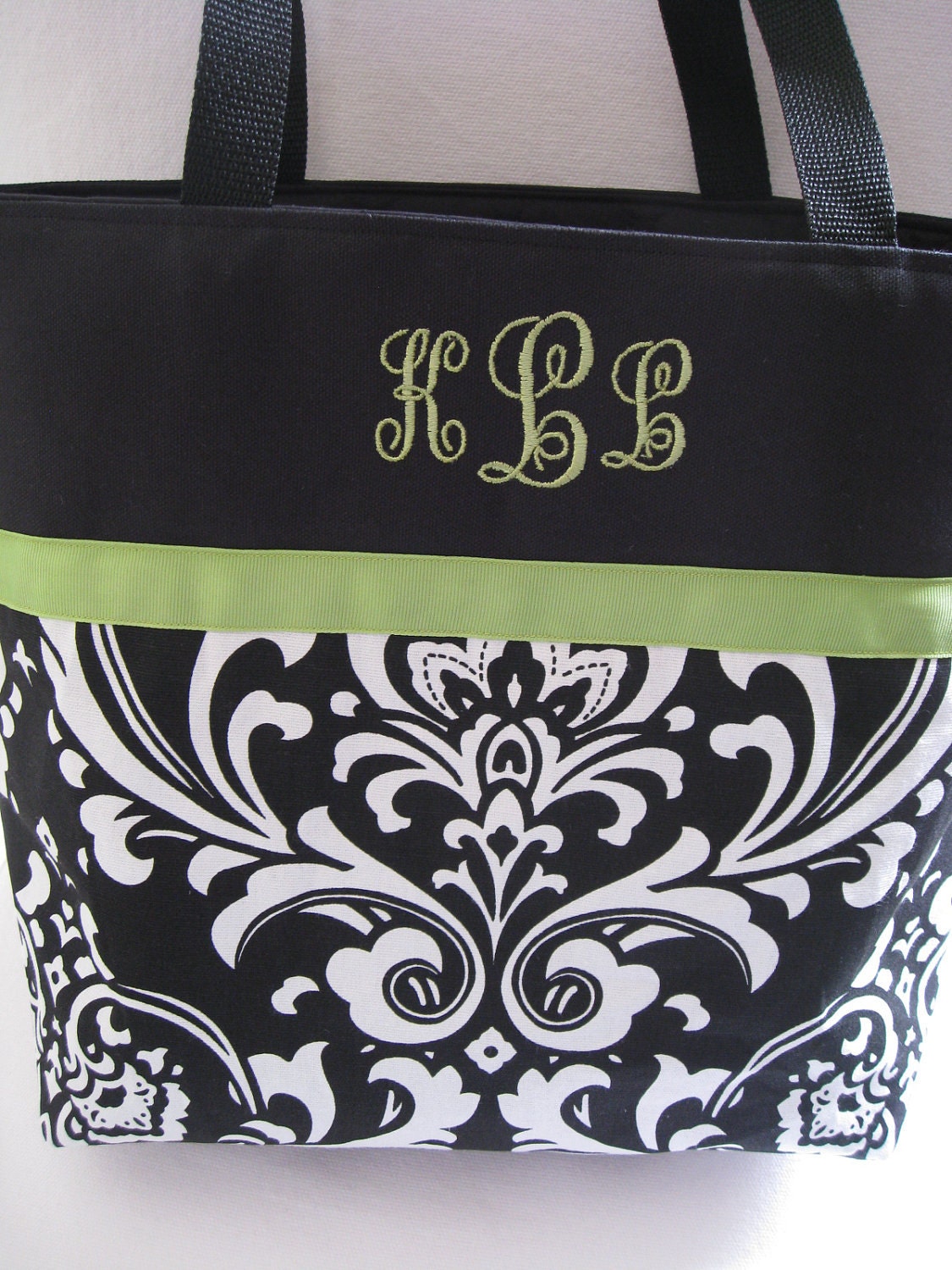 Personalized Embroidered or Monogrammed or Sorority Greek Letter Tote Bag - Large Black and White Damask Print
