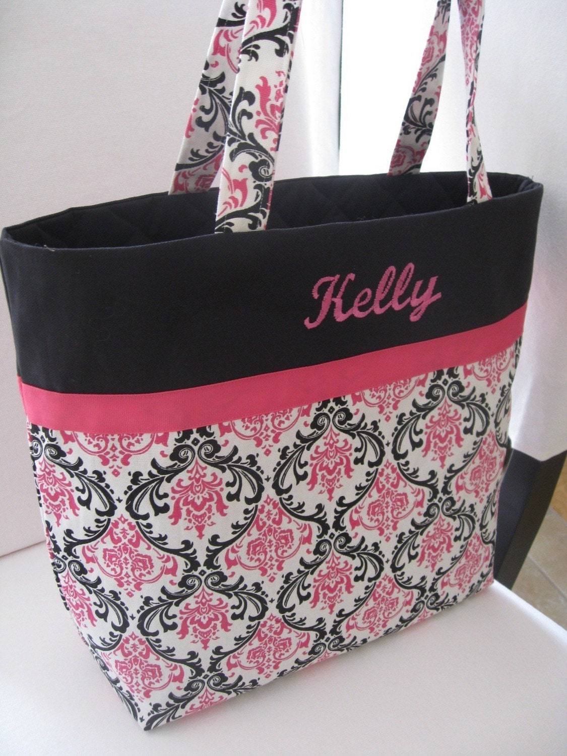 Personalized Embroidered Tote Bag - Pink and Black Damask