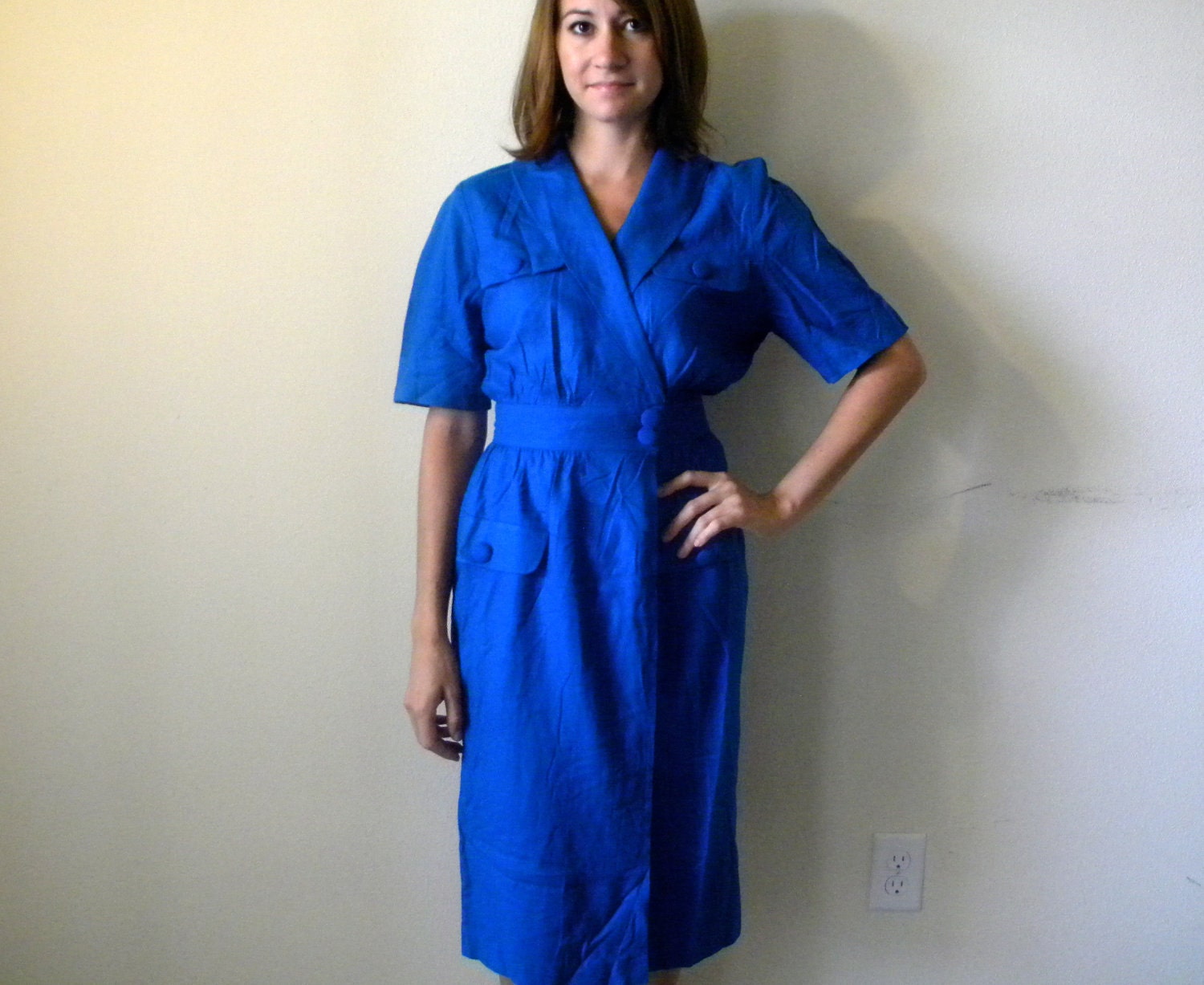 SALE... Bold Royal Blue 80s Silk Linen Secretary Wrap Dress, Small