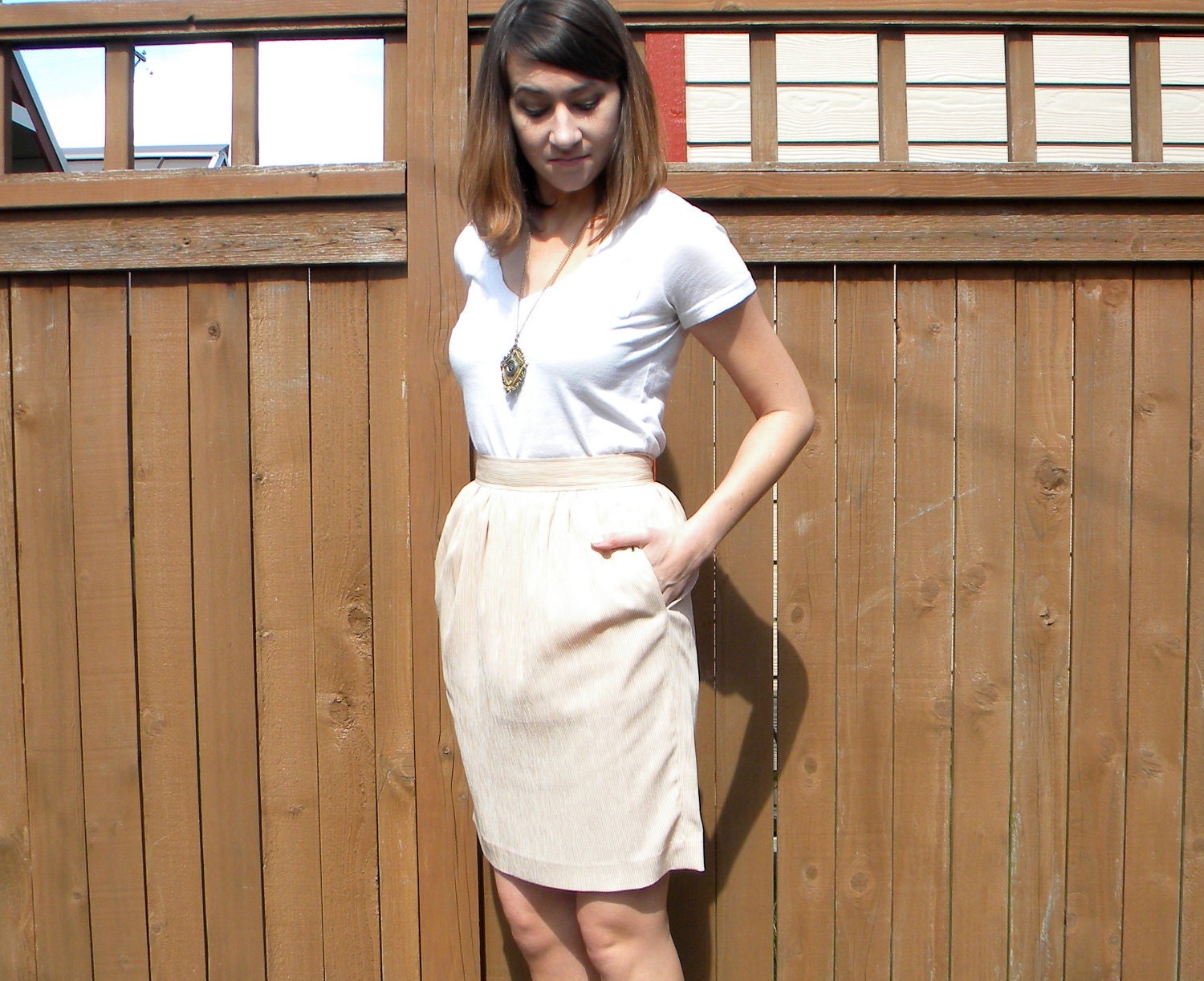 Sherbet Stripes 80s White & Orange Pinstriped Pencil Skirt, Extra Small