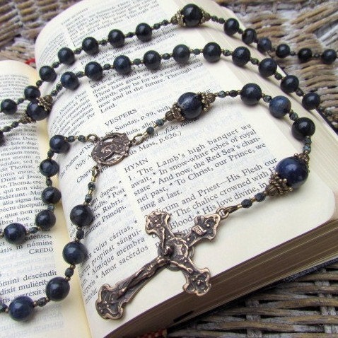 RESERVED for JVB --Mans Catholic Rosary - Large Blue Dumorterite Gemstones and  Bronze medals