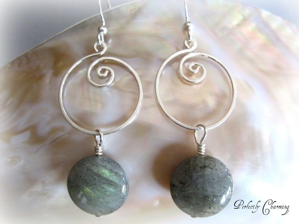 Earrings DAY DREAM Handcrafted Sterling Silver Hoops and Labradorite Gemstone