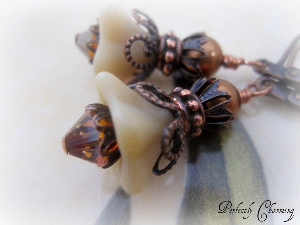 SALE.....Earrings VICTORIA Swarovski Crystals and Pearls Antique Copper Flower