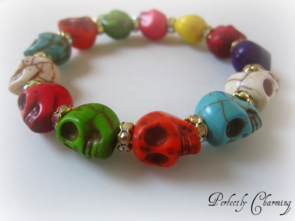 Bracelet RAINBOW SUGAR SKULLS Day of the Dead Skull Tribal Beaded Bracelet