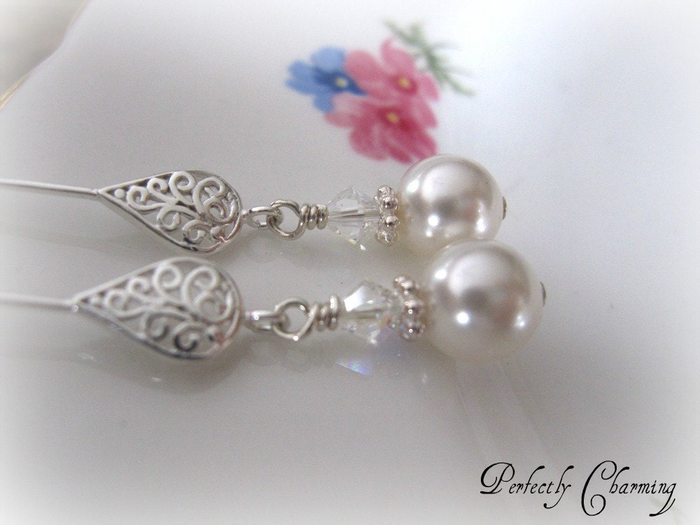 Earrings Choose Your Color FELICITY Elegant Sterling Silver Filigree and Swarovski Crystals and Pearls