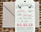 Miranda Vintage Luggage Tag Wedding Save the Date - Natural Ivory, Taupe, Red and Craft Brown, Customizable