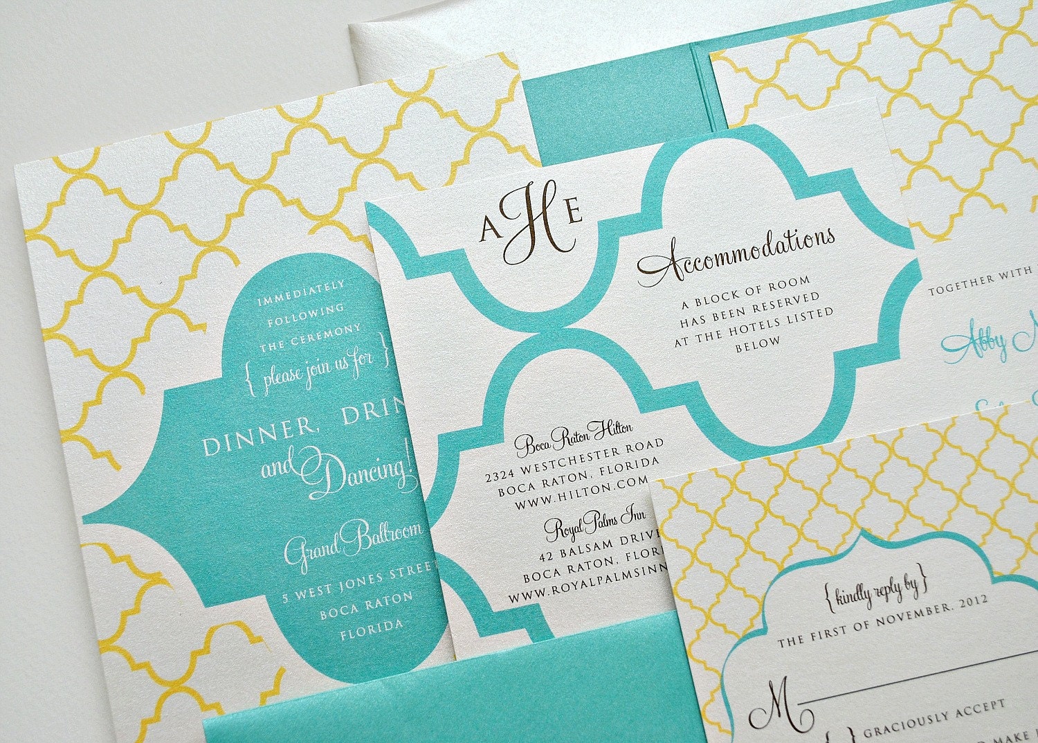 Heidi Wedding Invitation Pocketfold - Off-white, Chocolate, Aqua Blue and Yellow (customizable)