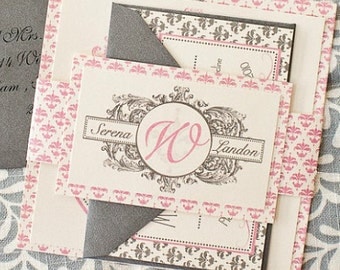 As seen on Style Me Pretty : Hamptons Wedding Invitation Suite with Belly Band -  pink and silver
