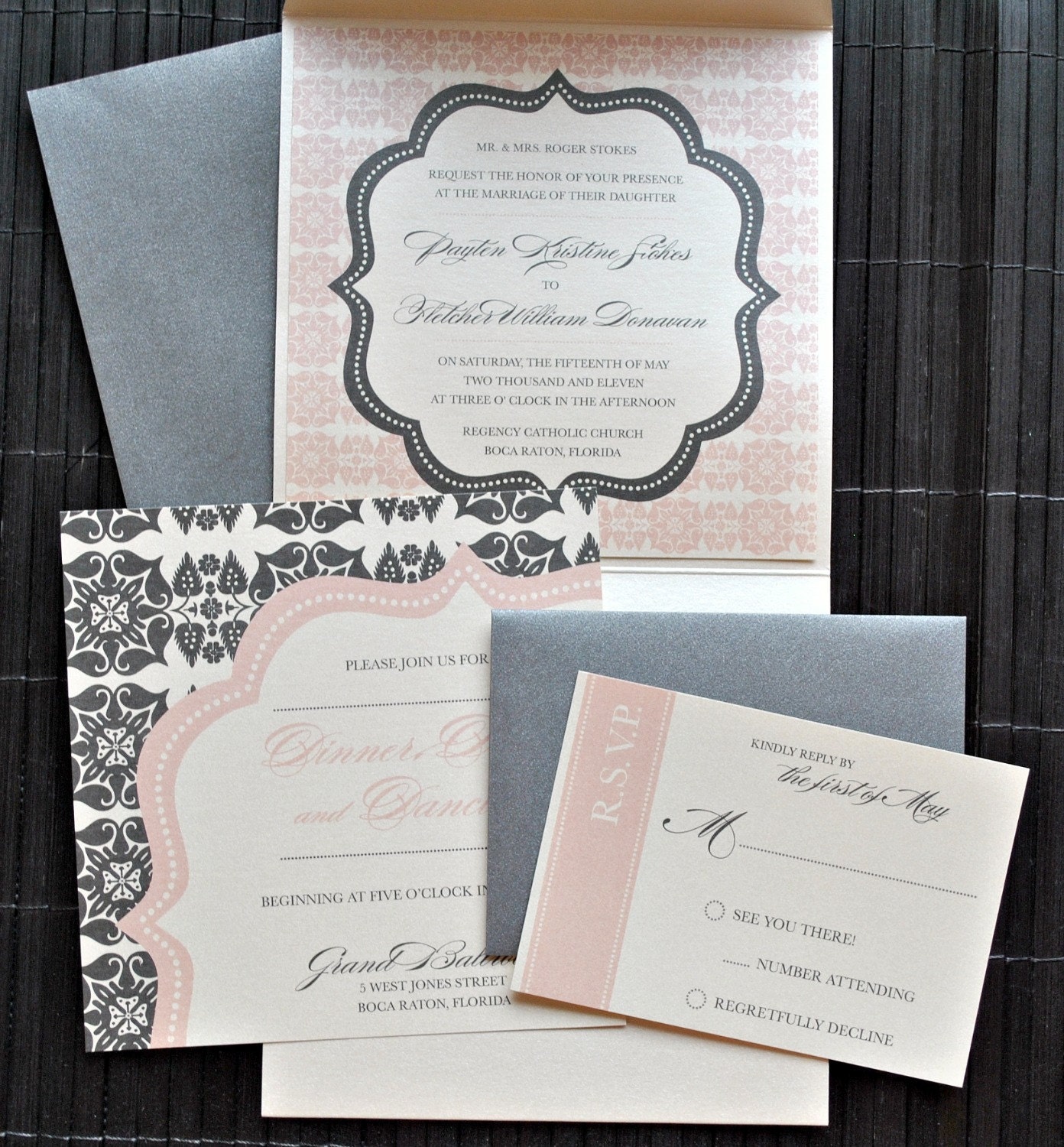Liya Pocketfold Wedding Invitation Suite - Ivory, Charcoal, Pale Pink, customizable