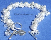 White Wedding Rosary Bracelet, Sterling Silver, Swarovski Crystal and Pearl, Catholic