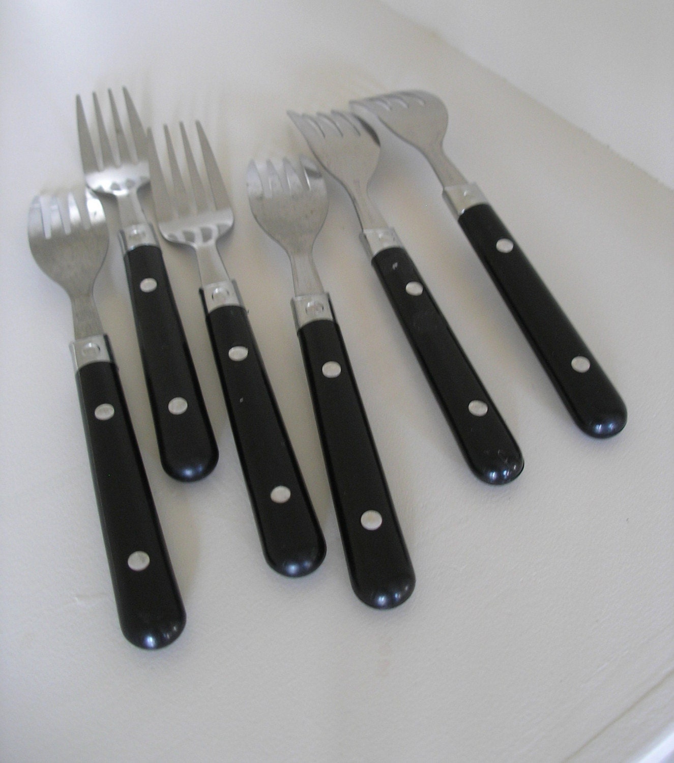 Six Salad Forks with Black Plastic Handles by PlaceMichel on Etsy