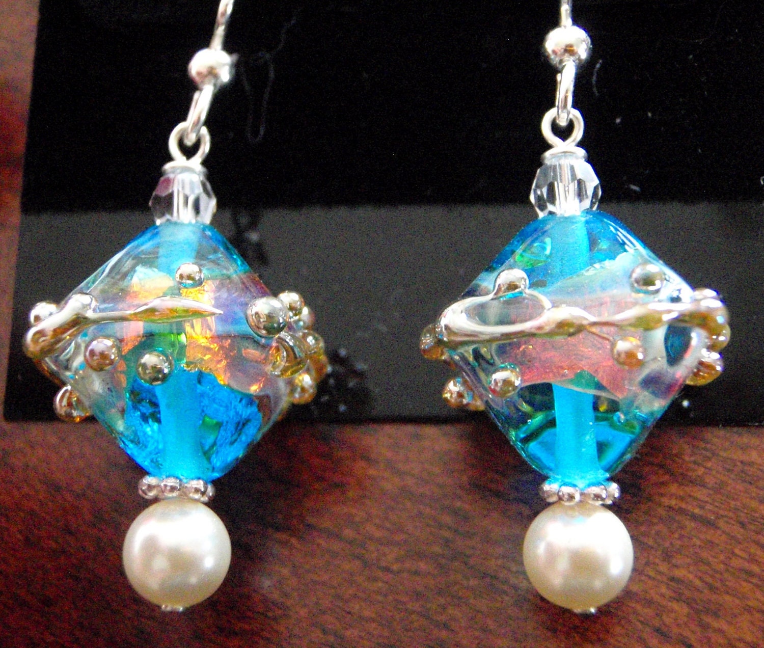 Diamond Divinity art glass earrings with Swarovski crystals & pearls