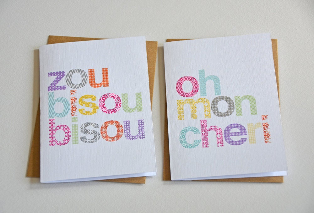 Set of 8, blank, note cards. 9 envelopes. Zou Bisou Bisou. Oh Mon Cheri.