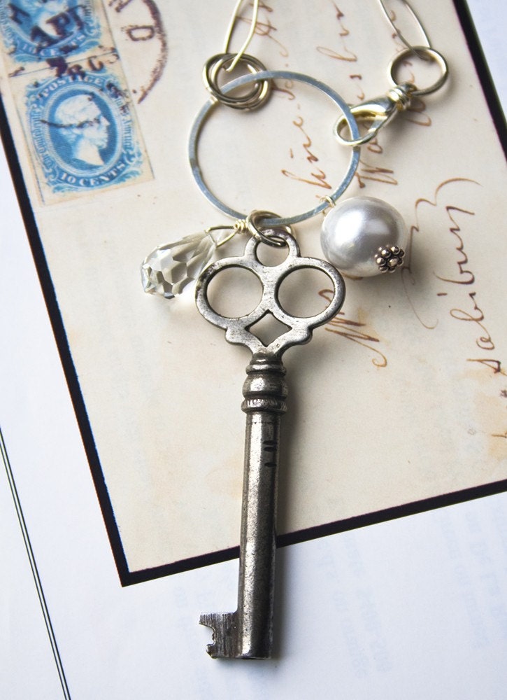 Vintage Key Necklace, Natural History, Swarovski Crystal, Sterling Silver
