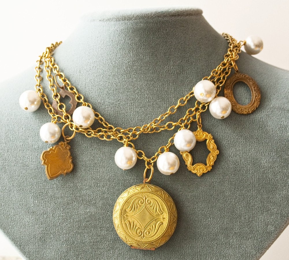 Locket Necklace, Vintage Pearls, Statement Jewelry