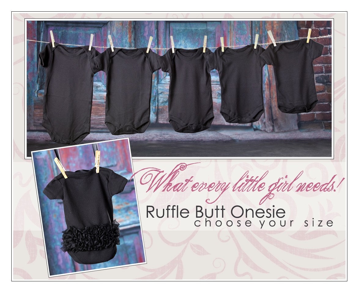 Ruffle Butt Black Onesies... Choose your size 0 to 3, 3 to 6, 6 to 12, 12 to 18 and 24 to 36