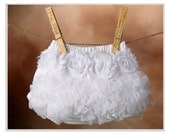 White Ruffle and Flower Diaper Cover - Ruffle Bum, Ruffle Bloomer, TuTu Blooomer, Ruffle Butt