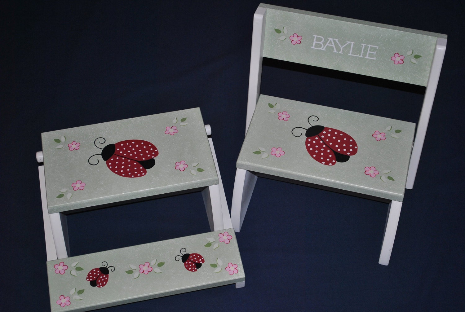 Kids Personalized Flip Up Stool Chair with Design Painted On All 3  SURFACES  Lady Bugs