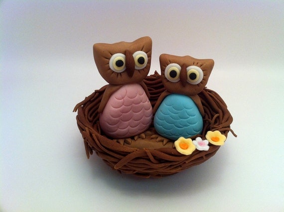 Fondant Owl Nest Baby Shower Cake Topper - Mommy and Baby Owl in a nest Cake Decoration - Baby Shower Il_570xn