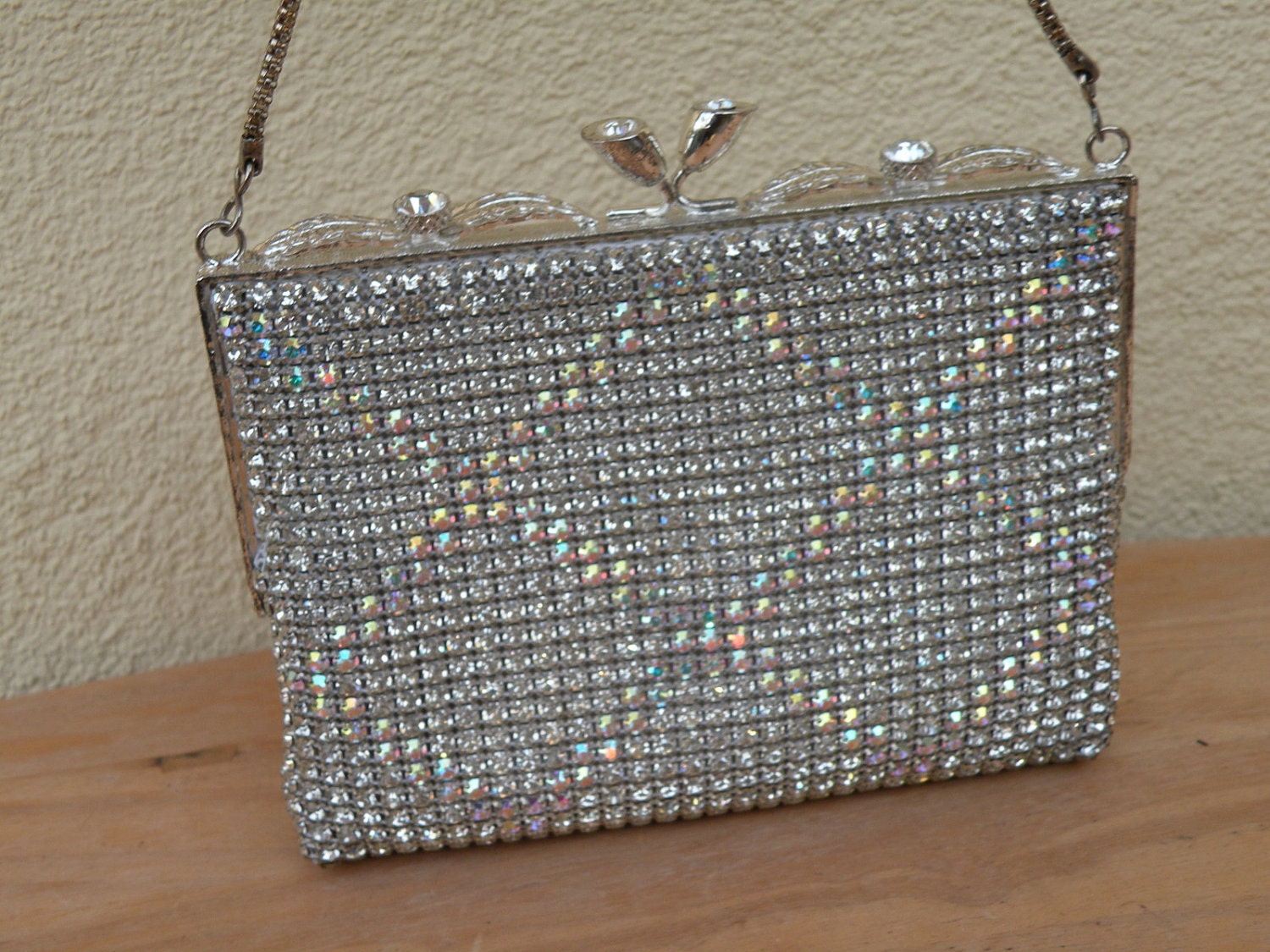 Vintage Solid Rhinestone Evening Purse clear and aurora