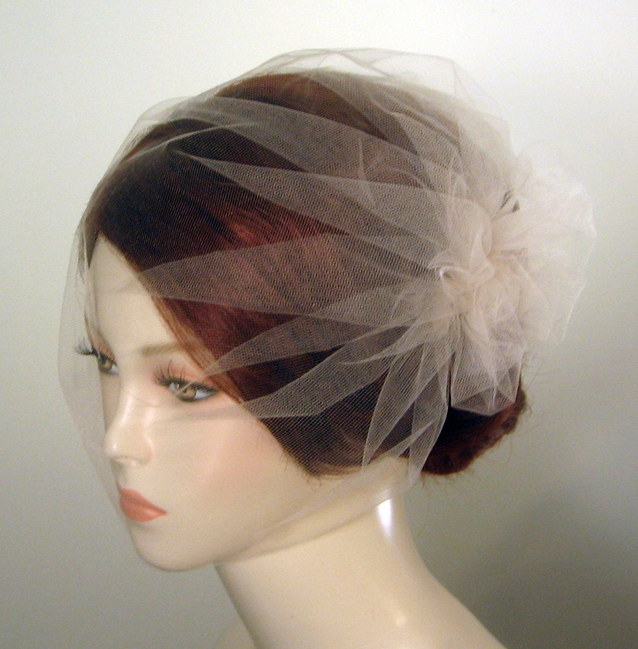Birdcage Veil, Birdcage Wedding Veil, Bridal Blusher Tulle Veil with Attached Tulle Pouf, White, Ivory, Champagne - LEAH