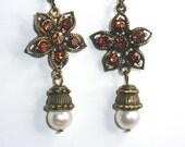 Vintage BoHo style genuine Freshwater pearls and Amber Color Rhinestone Earrings