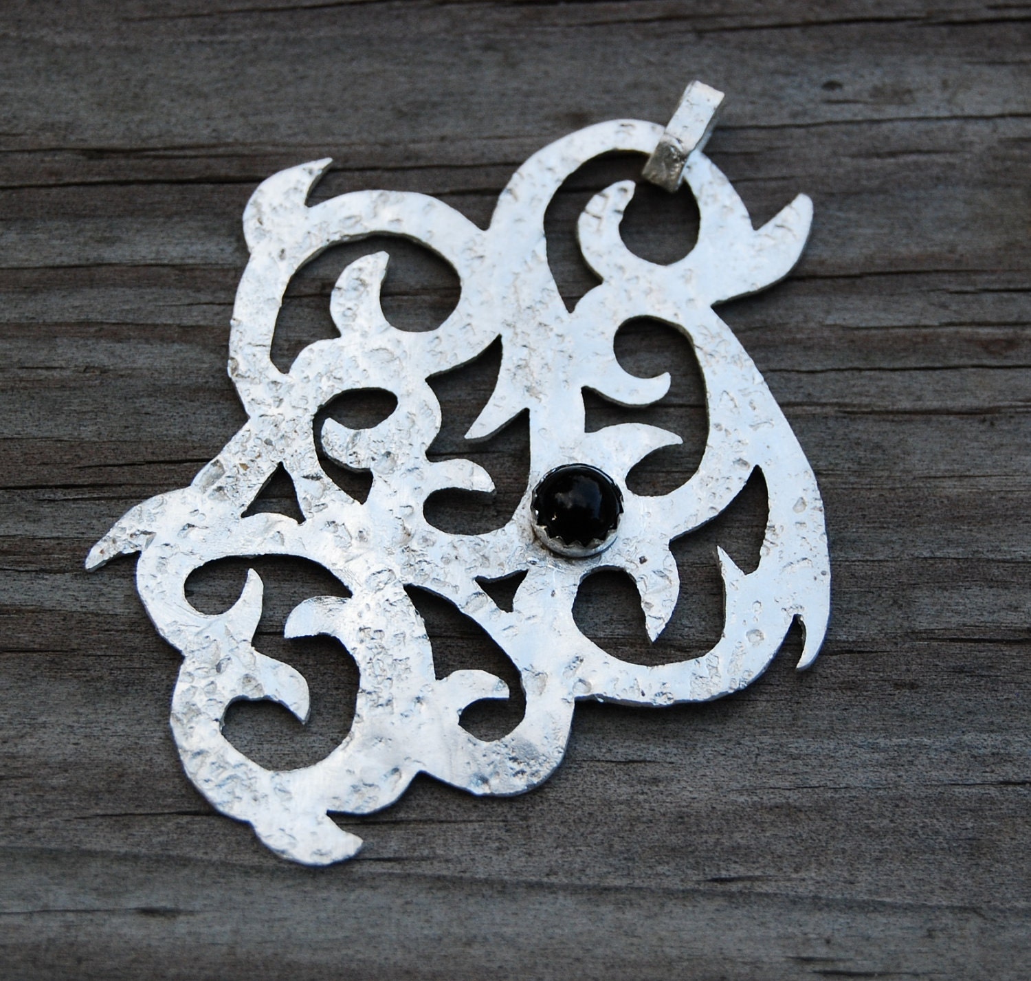 Statement Handmade Distressed Sterling Onyx Scroll Pendant- One of a Kind