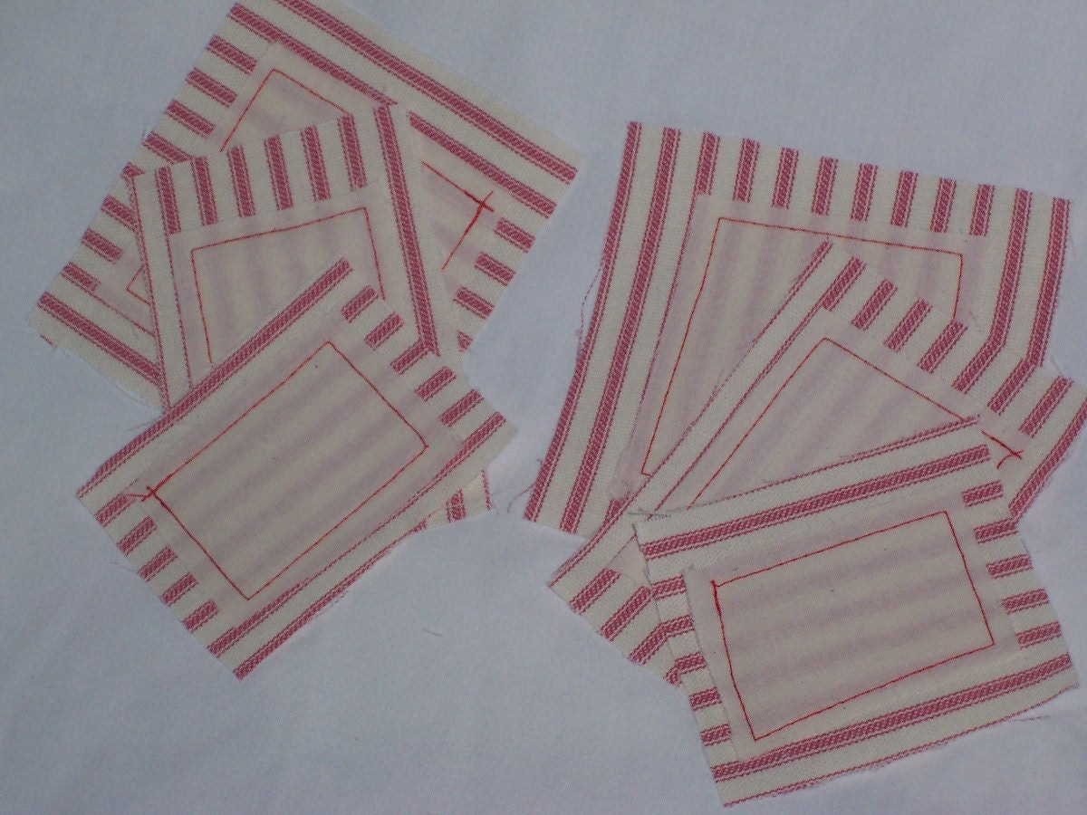 Fabric Labels - Red Ticking Fabric - ( 6 ) Pre - Cut Pre-Sewn Fabric Labels , Ready to Alter , Stamp , etc