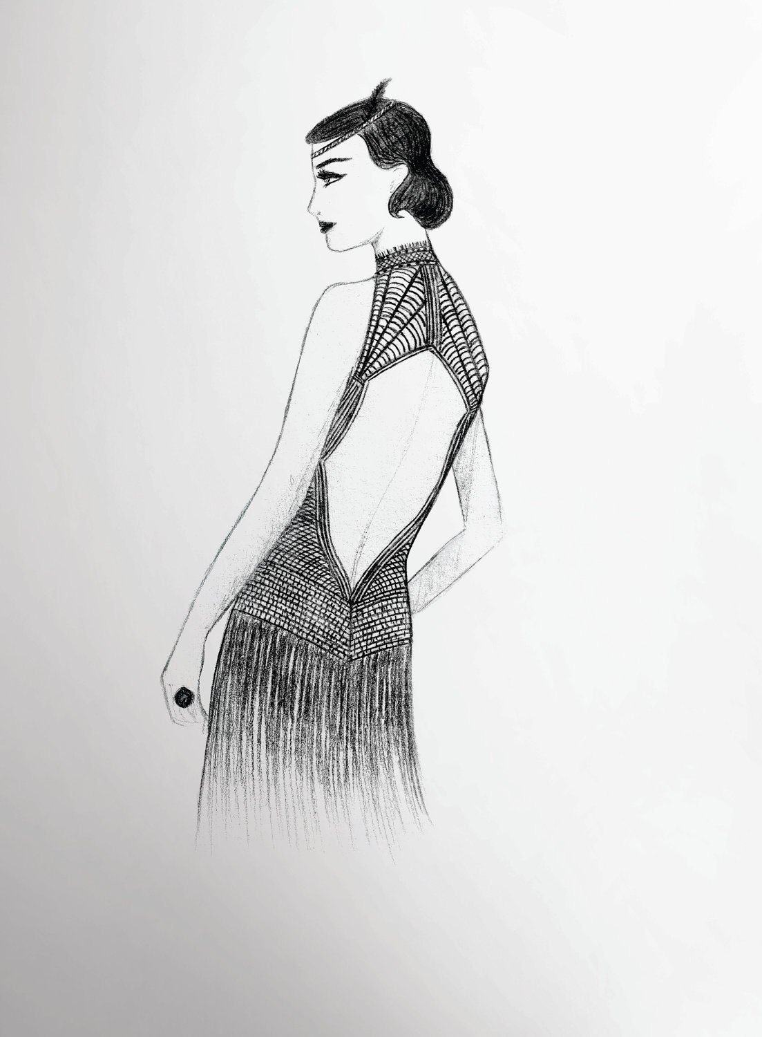 Wall art - Matte Print 8 x 9 - The Art Deco Dress - Pencil Drawing - Home Decor