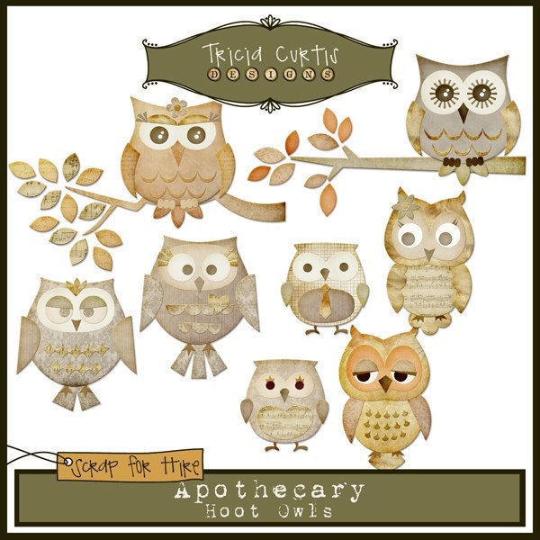 Hoot Owls - Apothecary Paper Piecing Clipart Elements for Invitations, Card Design and Scrapbooking - triciacurtis