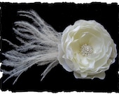 Julia Petite -- With Ostrich Feathers -- Bridal Light Ivory Silk Flower Hair Clip Fascinator with and Rhinestone for Weddings or Prom