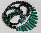 Malachite & Black Onyx Gemstone Crystal Fan Necklace - "Maloche"