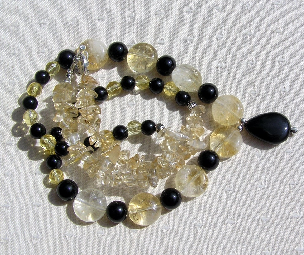 Citrine & Black Onyx Crystal Gemstone Necklace - "Lemon Fizz" - Special Offer Price