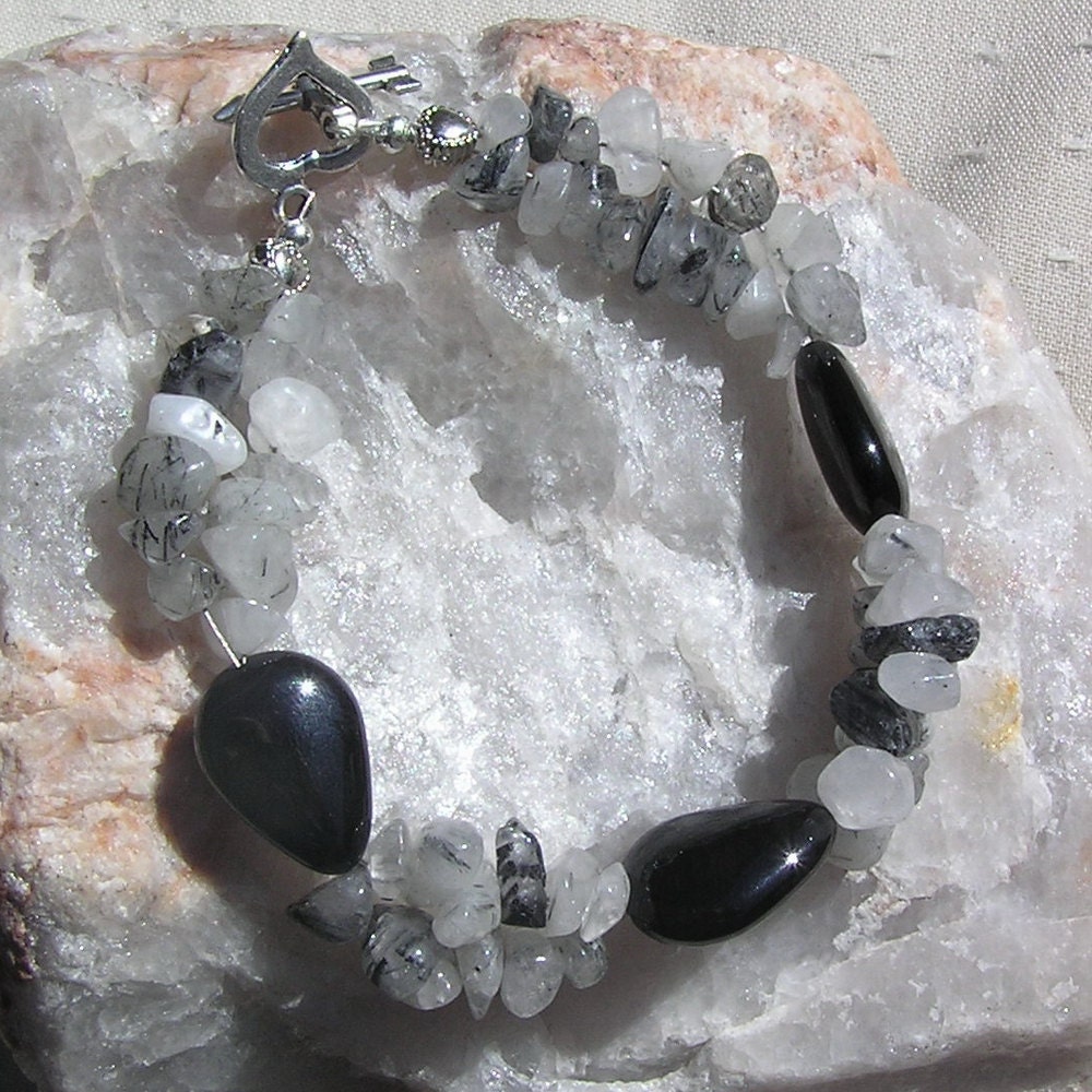 Black Onyx & Tourmalinated Quartz Crystal Gemstone Bracelet - "Black Iris"