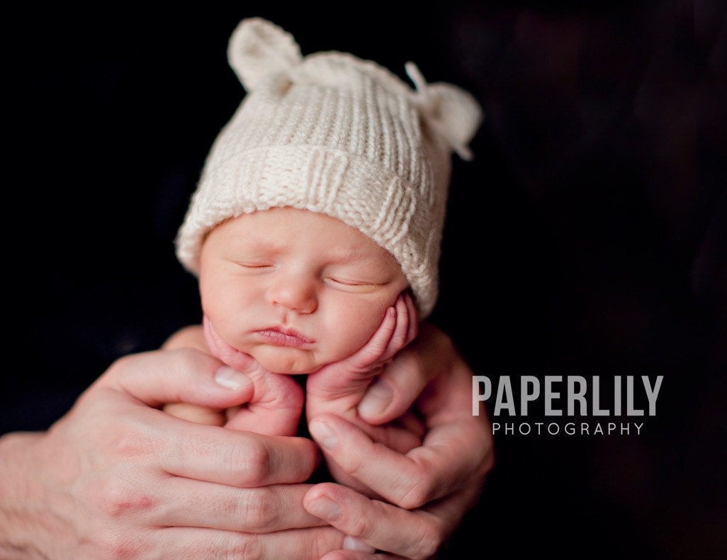 Knit Baby Hat, Newborn Kitten / Bear Ears, Cream Or U Choose Colors, All Sizes, OOAK Photo Prop