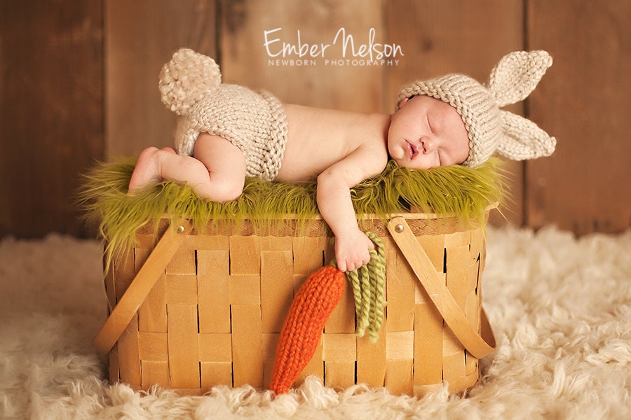 Baby Bunny Hat, Newborn Photo Prop Set, Easter Rabbit, Chunky Wool Infant Hat, Diaper Cover - CARROT included, U Choose Color