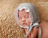 Knit Baby Hat, Gray Lace Bonnet, Knitted Newborn Infant Photo Prop, Choose From 11 Hat Colors, Newborn, 0-3 Mo