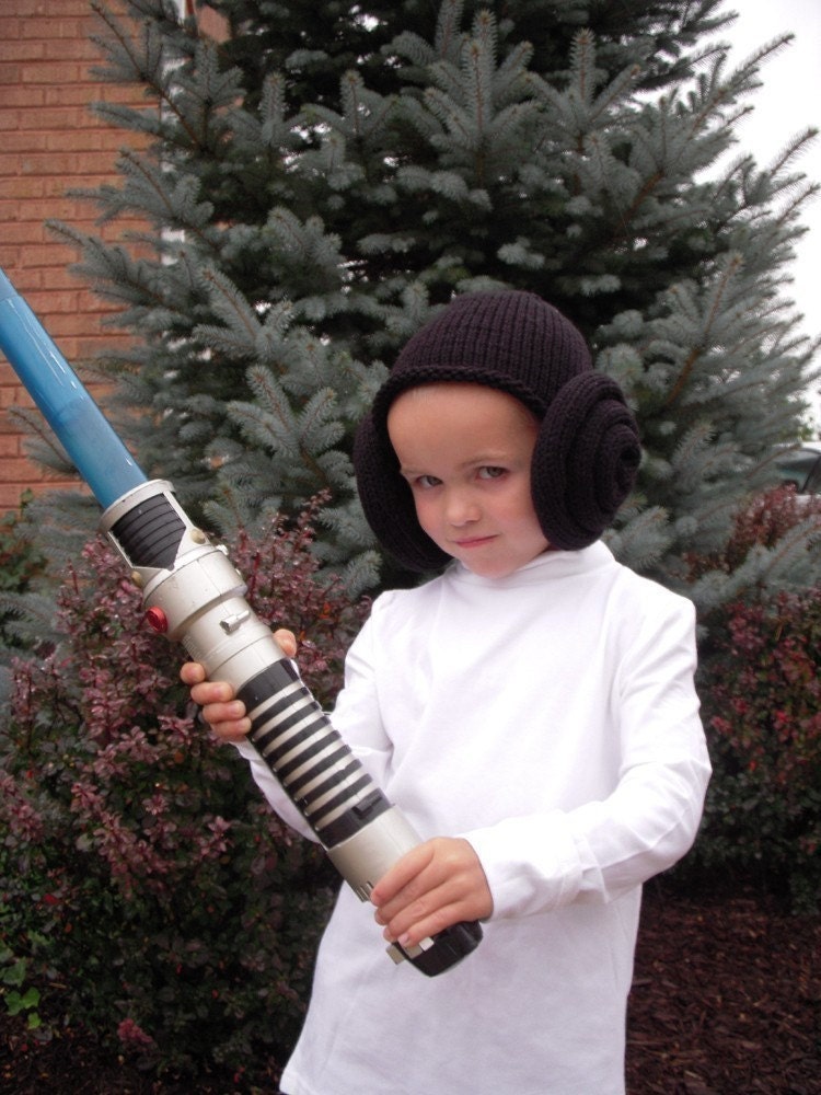 Knit Princess Leia Bun Hat, Wig, Costume, Black or Brown, Children, Toddler, Baby Sizes, Perfect For Star Wars Fan, Halloween or Photo Prop