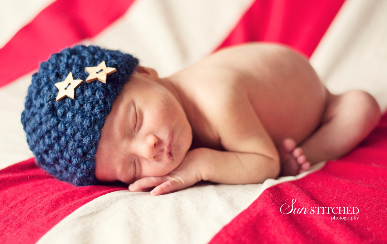 Hand Knitted Baby Hat, Fourth of July Star Button Hat, Knit Newborn Infant Photo Prop, Navy or U Choose Color, NB, 0-3 months
