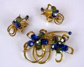 Blue and Green Aurora Borealis Crystal and Rhinestone Gold Tone Brooch and Earring Set by Hobé