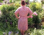 1970s Dusty Rose Ginkgo Leaves Day Dress by Sy Frankl and Casual Maker